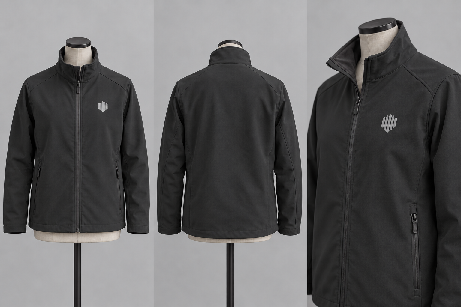 Voor-, achter- en detailaanzicht van de antracietkleurige Palisade-softshell